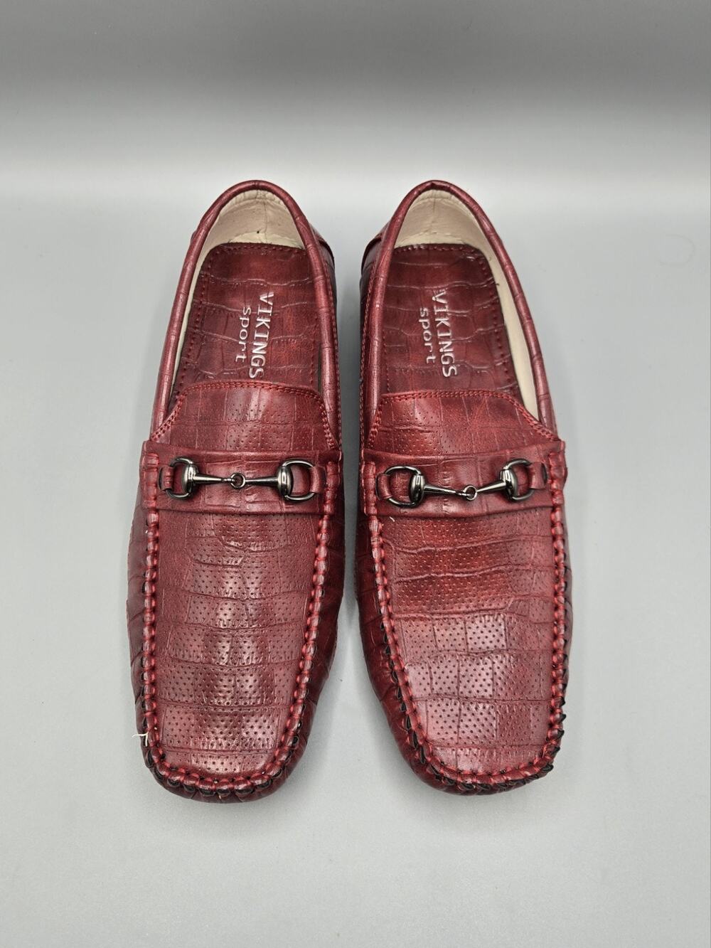 NIB Vikings Sport Burgundy Croc Embossed Leather Bit Loafers Driving Shoes Men's